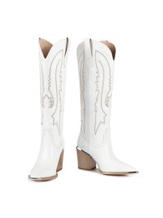 [ SIZE ]: Heel height is  8cm/3.15"
[ MATERIAL ]: Women's knee-high cowboy boots wide calf feature durable rubber soles and soft insoles, providing ample support and comfort for the feet. The lining is breathable and soft, suitable for wearing in every season.
[ DESIGN ]: The fashionable knee high cowboy boots for women feature unique Western embroidery and pointed design, restoring the classic style of denim boots. Our cowboy boots for women with metal toe have added a metal design on the toe, Girls Cowgirl Boots, Tall Cowgirl Boots, Tall Western Boot, Knee High Cowboy Boots, White Cowgirl Boots, Denim Boots, White Shoes Women, Womens Knee High Boots, Boots Women Fashion