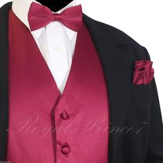 100% Brand new  Men's  Waistcoat Vest & Matching Bow tie & Pocket Square Handkerchief The Bowtie is a pretied adjustable up to 19.5" Material: 100% Polyester Handkerchief is about 10" x 10" Two front pocket is for decoration only.  The Back of the vest is BLACK color. All Vests have an adjustable belted back for a perfect fit. Actual color may differ from the computer monitor display. All the actual measurements given below refer to the measurement of the VEST and&nbs Red Fitted Tuxedo For Wedding, Elegant Red Satin Sets, Satin Tuxedo Suits For Wedding, Classic Fitted Nehru Jacket For Wedding, Fitted Satin Blazer For Weddings, Elegant Red Three-piece Suit For Groom, Elegant Red Three-piece Suit For Wedding, Classic Fitted Nehru Jacket For Groom, Classic Groom Suits For Festive Occasions