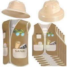 a set of six safari vests with hats and sunglasses on top of each vest