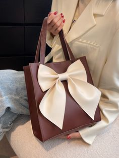 Coffee Brown Fashionable   PU Leather Colorblock Square Bag    Women Bags Small Bags Fashion, Hand Bags Ideas, Bags Ideas, Small Leather Bag, Women's Bags By Shape, Bow Decor