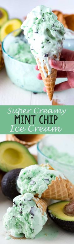 an ice cream sundae is being held up by someone's hand, with the text super creamy mint chip ice cream