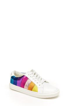 Chunky stripes of bold metallic colors wrap the sidewall and heel of this vibrant low-top sneaker in textured leather sure to catch your little one's eye. Leather upper/textile lining/rubber sole Imported Metallic Low-top Synthetic Sneakers, Trendy Metallic Round Toe Sneakers, Metallic Low-top Sneakers For Spring, Sporty Striped Low-top Sneakers, Spring Metallic Low-top Sneakers, Trendy Rainbow Synthetic Sneakers, Trendy Rainbow Colored Synthetic Sneakers, Metallic Sneakers With Round Toe For Spring, Spring Metallic Sneakers With Round Toe