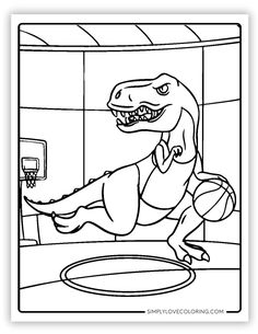 a cartoon dinosaur is playing basketball in the bathroom with his foot on the floor and mouth open