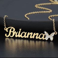 Show some love this holiday season with this beautiful Custom Name Necklace with iced out butterfly. Gift it to someone special or make it your own. Perfect match for any outfit and any occasion. Lovalita name necklaces are versatile enough to wear it everyday. Wear it alone, or layer it up with other necklaces. Makes perfect gifts for Girlfriends, Moms, Grandmas, daughters, or best friends. 100% nickel free. Made from high quality stainless steel with 14k Gold plating that won't fade. *Comes in Trendy Necklace For Gift, Trendy Bling Necklace For Gift, Trendy Bling Necklaces For Gifts, Trendy Butterfly Pendant Necklace For Gift, Trendy Butterfly Necklace With Adjustable Chain As Gift, Trendy Butterfly Necklace For Gifts, Gifts For Girlfriends, Perfect Gift For Girlfriend, Name Necklaces