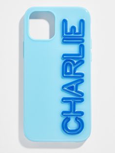 a phone case with the word charlie on it in blue, against a white background