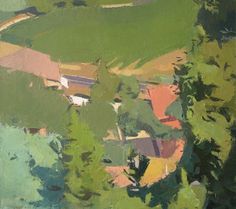 an oil painting of green hills with trees in the foreground and houses on the other side