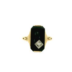 We have a gorgeous yellow gold, black onyx and diamond antique ring, featuring a rectangular black onyx center stone with one single cut diamond. Timeless and elegant! This ring would make a lovely gift for someone special or even just a special treat for yourself. A great everyday piece that will last for years to come. Antique Ring - Antique 10k Yellow Gold Black Onyx & Diamond Ring 10k Yellow Gold Black Onyx 1 Single Cut Diamond =.01ct Ring Size 5.75 (sizable) Ring measures approximately 15.8mm tall in the center, back of shank is 1.7mm wide. Please read our shop policies prior to purchase. Thanks for looking and contact us with any questions. Black Heirloom Ring With Center Stone, Heirloom Black Ring With Center Stone, Rectangular Onyx Gemstone Rings, Classic Rectangular Signet Ring With Diamond Accents, Rectangular Onyx Ring For Formal Occasions, Classic Onyx Rectangular Signet Ring, Black Rectangular Signet Ring For Anniversary, Formal Rectangular Onyx Ring, Black Rectangular Anniversary Ring