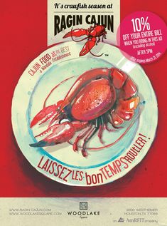 a red crab on a white plate with an advertisement