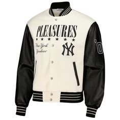 Elevate your New York Yankees collection by adding this full-snap Varsity jacket from PLEASURES to your wardrobe. It features an original New York Yankees design with chenille details and faux leather sleeves for an eye-catching, modern look. Quilted lining and a cozy midweight construction help you sustain warmth and comfort. Brand: PLEASURES Two front slip pockets Material: 50% Wool/50% Polyester Full Snap Embroidered brand name Dry clean only Embroidered chenille applique Faux leather sleeves Yellowstone Apparel, Chenille Applique, Varsity Jacket Women, Leather Varsity Jackets, Custom Leather Jackets, Cafe Racer Jacket, Team Jackets, Racer Jacket, Varsity Jacket Men