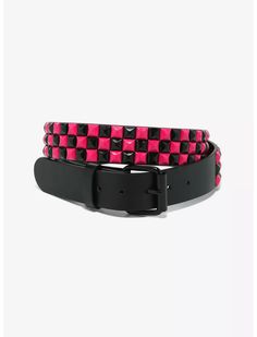 Pink & Black Three Row Pyramid Stud Belt Emo Belts, Hot Pink Accessories, Scene Clothes, Stud Belt, Seatbelt Belt, Scene Accessories, Goth Clothes, Scene Outfits, Older Sister