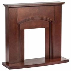 a wooden fireplace surround with an arched design on the top and bottom part, in dark wood