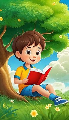 a boy sitting under a tree reading a book