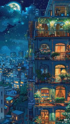 the city is lit up at night with lots of windows and balconies on it