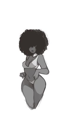 a drawing of a woman with an afro in grey and white, on a white background