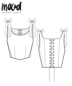 the front and back view of a cropped top with bows on it, designed by macd