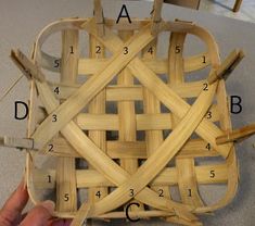 a person is holding up a basket made out of wood and bamboo strips with numbers on it