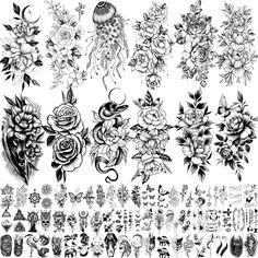 an assortment of flowers and tattoos on a white background, with the same tattoo design