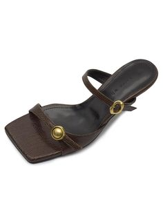 Editor's NotesThe vintage cow leather mules with vintage metal embellishments- Mid heel sandals- Two straps at the upper- Round gold metal embellishment and gold buckle embellishment- Logo carved insoleMeasuremets(in.)- Size: KR230(US6) - KR250(US8) - Heel height: 2.2in.(5.5cm)- Fits true to the sizeComposition & Care- Cow leather- Avoid moisure- Clean with a leather cleanerDesigner- Made in Korea- by KAREN WHITE Luxury Formal Mules With Tang Buckle, Elegant Gold Mules With Buckle Closure, Elegant Formal Mules With Rectangular Buckle, Formal Open Toe Sandals With Gold Buckle, Designer Gold Sandals With Square Toe, Chic Open Toe Mules With Tang Buckle, Chic Open Heel Mules With Tang Buckle, Brown Mules With Tang Buckle, Gold Open Heel Mules With Heel Loop