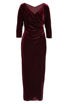 A tulip skirt brings elegant flair to this plush velvet gown framed by three-quarter sleeves. 60" length (size 6) Surplice V-neck Three-quarter sleeves Unlined 90% polyester, 10% spandex Hand wash, dry flat Imported Burgundy Mother Of The Bride Dress, Women's Formal Dresses, Burgundy Formal Dress, Off Shoulder Ball Gown, Peplum Gown, Knit Gown, Mother Dresses, Long Sleeve Evening Gowns, Christmas Dresses