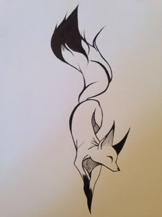 a black and white drawing of a fox with its tail curled up in the air