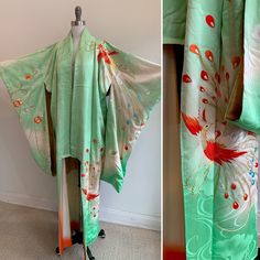 "This is a beautiful vintage light green hand-painted silk Japanese kimono with cloud design and large, vibrant embroidered red and ivory peacock featuring blue, white and gold feathers. There is a gold colored lining as well as ivory lining panels that fade into a bright red that peeks out from each sleeve. This kimono is in excellent vintage condition.   Measurements: Shoulder Seam to Shoulder Seam Width: 26\" / Sleeve Length: 36\" / Shoulder to Hem Length: 61\" / Sleeve Opening: 8.5\" / Shoul Spring Wedding Green Kimono, Traditional Green Kimono For Spring, Green Long Kimono For Wedding, Green Embroidered Kimono With Kimono Sleeves, Traditional Spring Wedding Kimono, Traditional Green Kimono For Festivals, Multicolor Spring Wedding Kimono, Red Peacock, Cloud Design