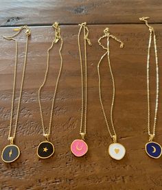 these super fun, trendy large colorful coin pendant necklaces are perfect for the work week. you will be able to wear them all! one for every day of the week. they are available in black (star), white (heart), charcoal (lightning bolt), navy blue (moon), pink (moon), don't forget you can wear them at the beach or gym. they are tarnish proof and waterproof. -1 large colorful coin pendant 16 in stainless steel necklace with a 2in extension (in your choice of style) every piece of jewelry is handcr Trendy Nickel Free Round Pendant Necklace, Trendy Nickel-free Round Pendant Necklace, Trendy Nickel-free Necklace With Round Pendant, Trendy Everyday Round Charm Necklaces, Trendy Round Charm Necklaces For Everyday, Trendy Charm Necklaces With Adjustable Chain And Round Pendant, Trendy Round Pendant Charm Necklace With Adjustable Chain, Trendy Charm Necklace With Round Pendant And Adjustable Chain, Trendy Everyday Round Pendant Charm Necklaces