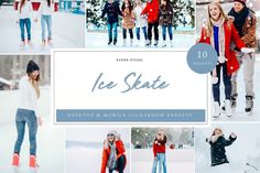 a collage of photos with people in the snow and ice skates on them