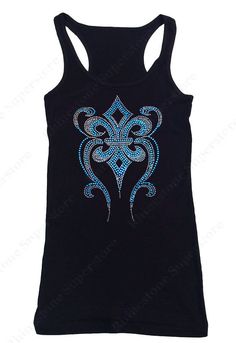 a women's black tank top with blue and silver fleurons on it