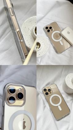 four different views of an iphone with the camera attached to it's back cover