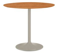 a round wooden table with metal base on an isolated white background for use in any room