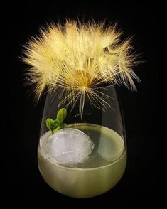 a glass filled with liquid and a yellow flower on top of it, sitting next to a black background