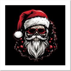 a skull wearing sunglasses and santa hat