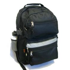 the back pack is black and has two zippers on one side, and an inner pocket for water bottles