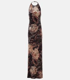 Floral halterneck velvet gown in multicoloured - Etro | Mytheresa Velvet Floral Dress, Etro Dress, Printed Gowns, Velvet Gown, Column Gown, Silk Gown, Chiffon Gown, Dries Van Noten, Silk Chiffon