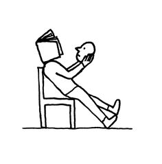 a black and white drawing of a person sitting on a chair with a book in his hand