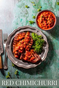 Red chimichurri in a bowl next to a plate with two steaks, with Red chimichurri spread onto it. Red Chimichurri Sauce, Red Chimichurri, Steak Toppings, Cold Dip Recipes, Chimichurri Sauce Recipe, South American Recipes, Appetizers For A Crowd, Chimichurri Sauce