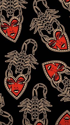 a black background with red and gold designs on it's sides, including an image of a demon