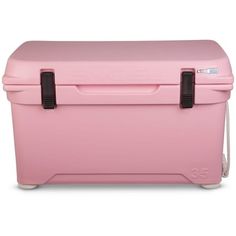 a pink cooler with two handles on the top and bottom, in front of a white background