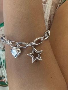 Bracelet With Stars, Outfits With Silver Jewelry, Chunky Silver Bracelet, Silver Jewelry Bracelets, Star Charm Bracelet, Silver Bracelet Stack, Silver Bracelet For Women, Charm Bracelet Silver, Silver Jewlery