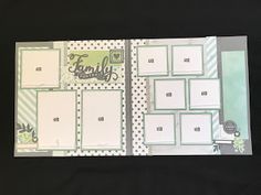 a scrapbook with white and green pages