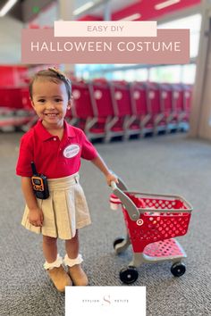 A little girl wearing a  DIY Target employee Halloween costume for kids pushing a mini Target shopping cart Target Halloween Costume, Target Employee Costume, Target Costume, Target Outfits, Halloween Costume Toddler Girl, Halloween Costumes Easy, Polo Boots, Target Store, Toddler Girl Halloween