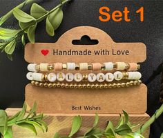 It's fall yall! Accessorize to show your love for fall and all things pumpkin spice! Standard set includes all bracelets in each set as shown. HOW TO ORDER: - In the "personalization" box, let us know which set you would like, i.e., set 1, set 2, etc. - If you would like multiple quantities of a set, add the number of sets requested to your cart, and let us know which set and how many of each set you would like in the "personalization" box. - Send us a message if you have questions on ordering or the product! DETAILS: -Made to order -Standard 7 inch in length (can make smaller or larger per request) -Materials: clay heishi beads, gold heishi beads -Made with elastic string for jewelry. *Bracelets will have stretch but be sure to not overdo it.* Note: Since all products are handmade by us s Thanksgiving Beaded Bracelets, Thanksgiving Bead Bracelet, Make Clay Beads, Heishi Bracelet, Autumn Bracelet, Fall Yall, Custom Bracelet, Clay Bead, Bracelet Ideas