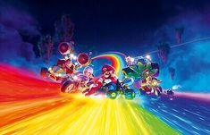 mario kart and luigi kart racing through the rainbow