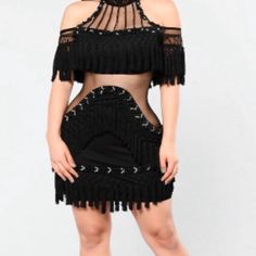 Black Mesh Fringe Dress Chic Evening Mini Dress With Fringe, Black Bodycon Dress For Summer Evening, Black Bodycon Evening Dress For Summer, Black Summer Club Midi Dress, Fringe Mini Evening Dress, Glamorous Black Mini Dress For Summer, Chic Black Midi Dress With Fringe, Chic Fringe Mini Dress For Night Out, Black Fringe Club Dress