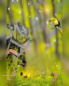 a painting of a bird flying over a motorcycle in the woods with butterflies around it