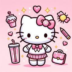 the hello kitty character is standing next to her lunch and drink, with other items surrounding it