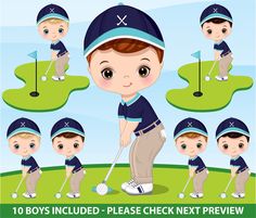 the boy is playing golf on the field with different poses to put his ball in