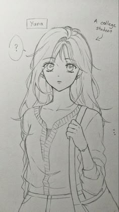 a drawing of a girl with long hair holding a handbag and looking at the camera