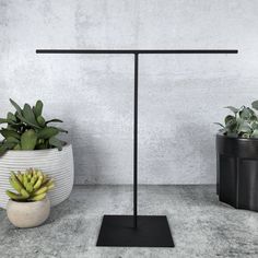 two potted plants are sitting next to each other on a table with a black stand