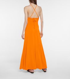 Max Mara - Cremona stretch-jersey maxi dress | Mytheresa Summer Evening Maxi Dress With Ruched Back, Spring Evening Maxi Dress With Strappy Back, Summer Floor-length Maxi Dress With Ruched Back, Beachwear Maxi Dress For Summer Parties, Orange Halter Neck Maxi Dress For Evening, Chic Orange Backless Maxi Dress, Summer Evening Tie-back Maxi Dress, Tie-back Maxi Dress For Summer Evenings, Summer Beach Maxi Dress With Ruched Back